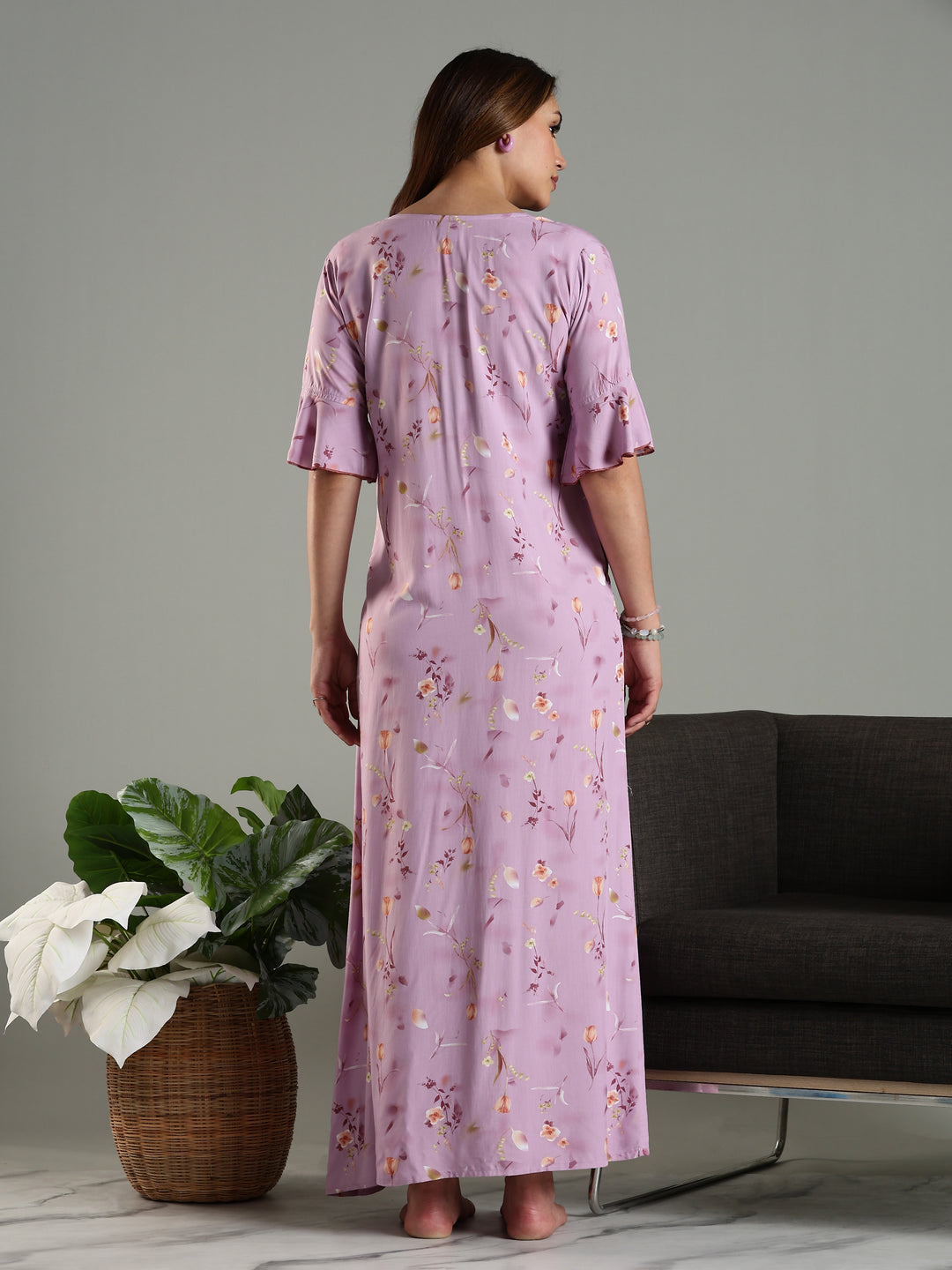 Rayon Fabric Light Purple Floral Print Ladies Nighty Dress