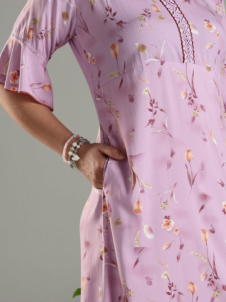 Rayon Fabric Light Purple Floral Print Ladies Nighty Dress