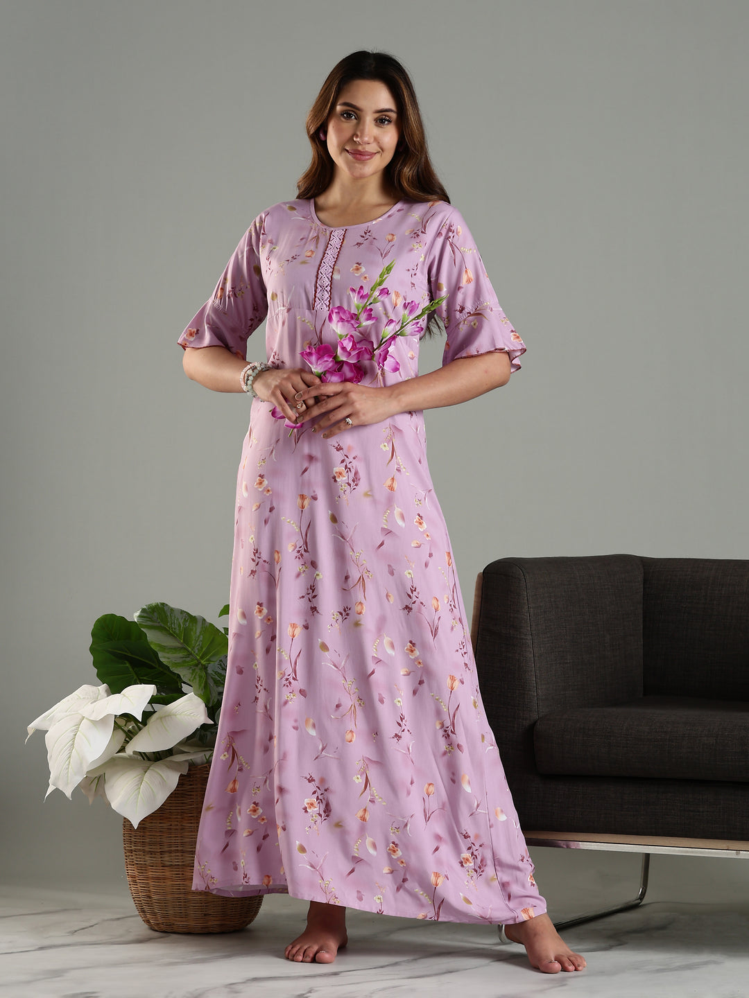 Rayon Fabric Light Purple Floral Print Ladies Nighty Dress Rayon / XXL/50 Rayon Fabric Light Purple Floral Print Ladies Nighty Dress Rayon / XXL/50