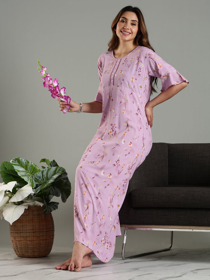 Rayon Fabric Light Purple Floral Print Ladies Nighty Dress