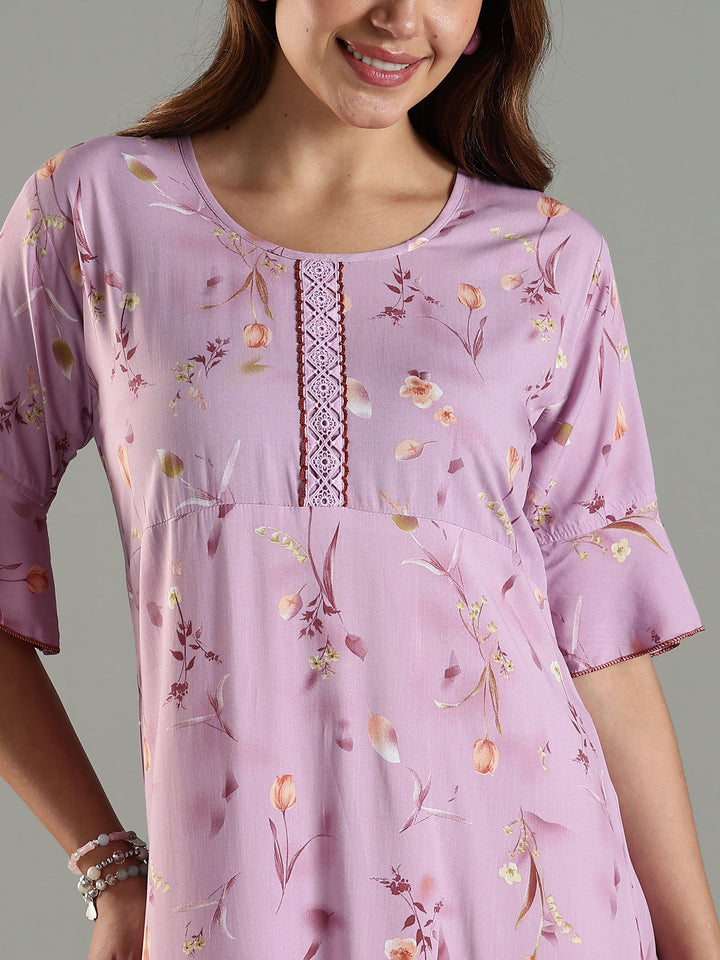 Rayon Fabric Light Purple Floral Print Ladies Nighty Dress