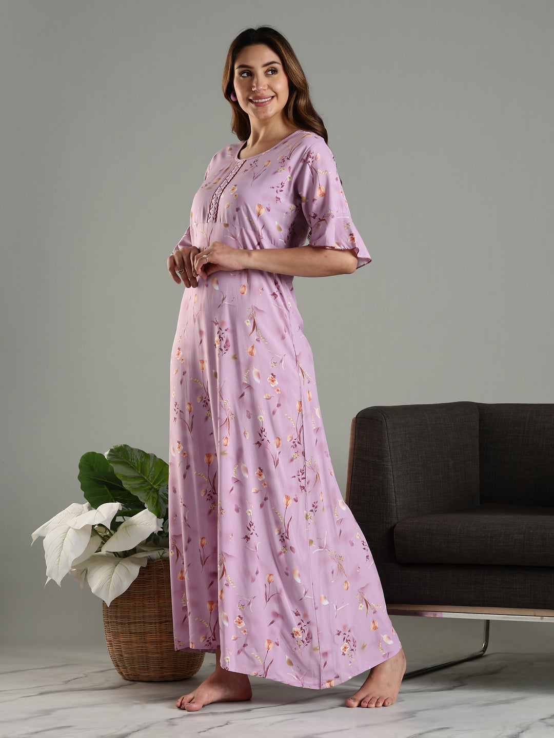 Rayon Fabric Light Purple Floral Print Ladies Nighty Dress