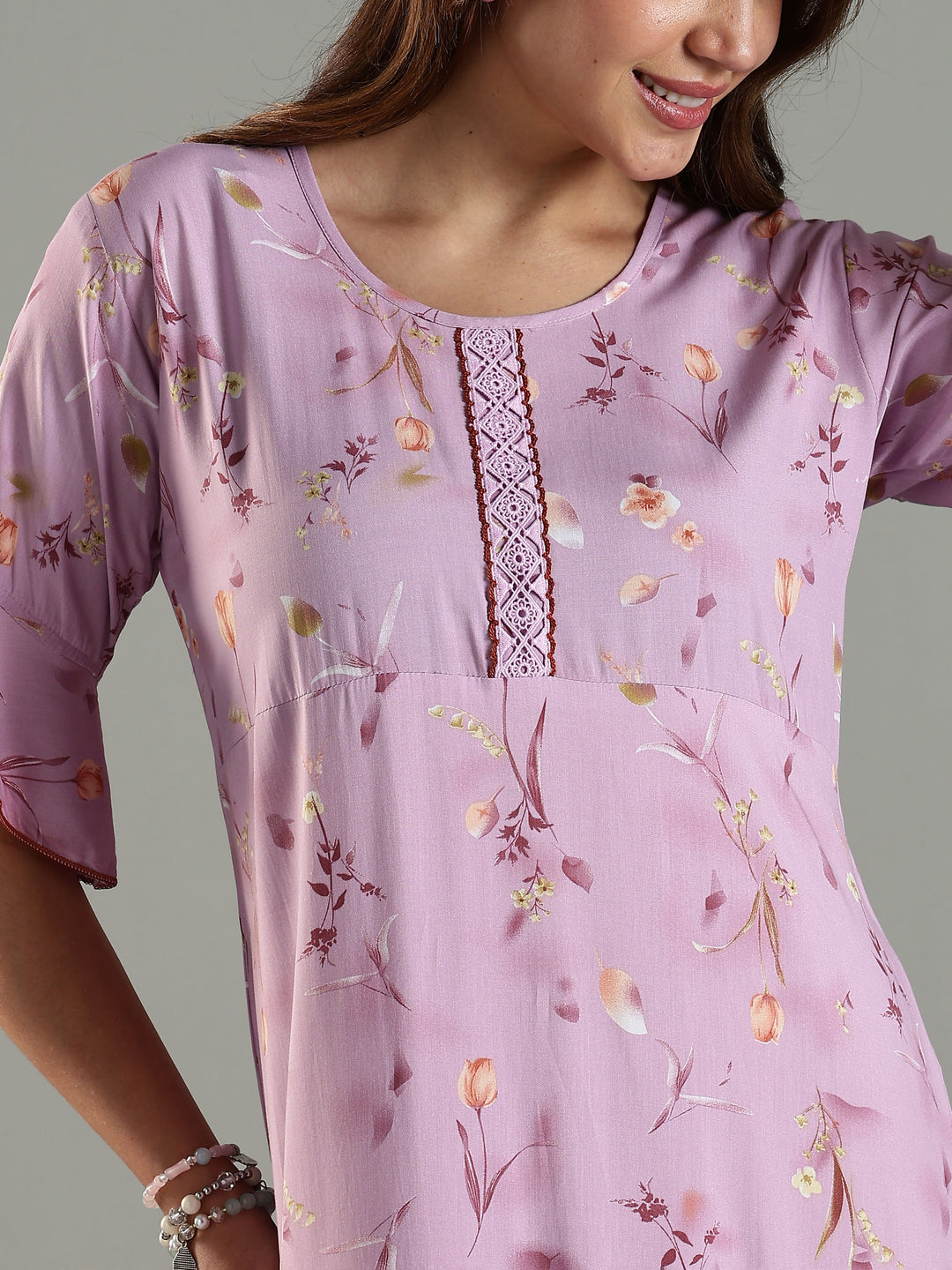 Rayon Fabric Light Purple Floral Print Ladies Nighty Dress