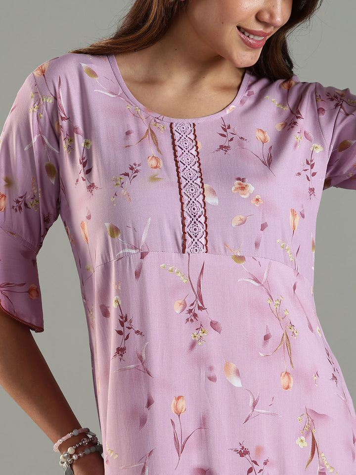 Rayon Fabric Light Purple Floral Print Ladies Nighty Dress