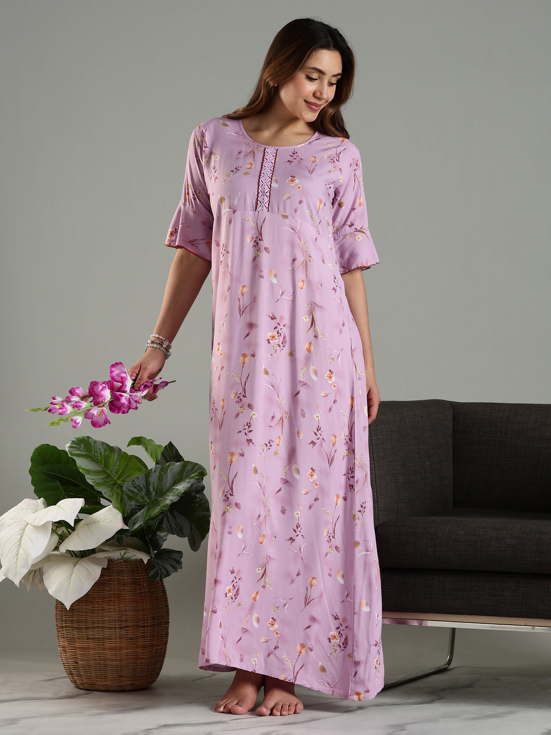Rayon Fabric Light Purple Floral Print Ladies Nighty Dress