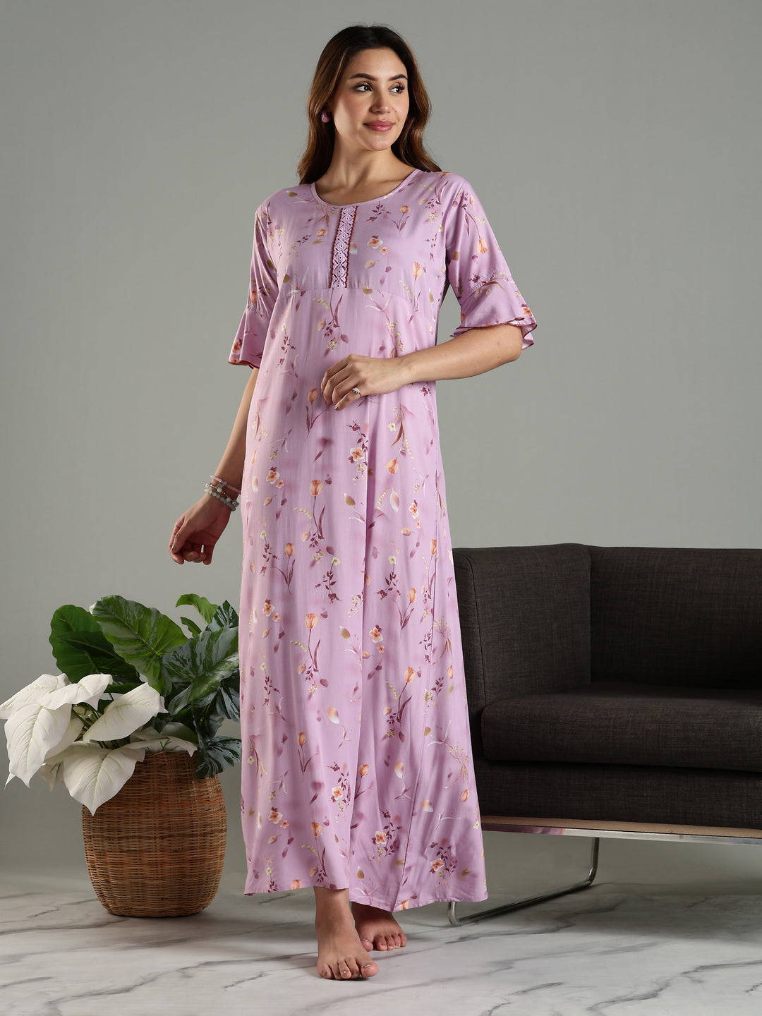 Rayon Fabric Light Purple Floral Print Ladies Nighty Dress
