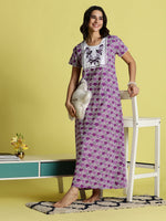 Purple Cotton Nightdress with Lace Neckline and Side Pocket