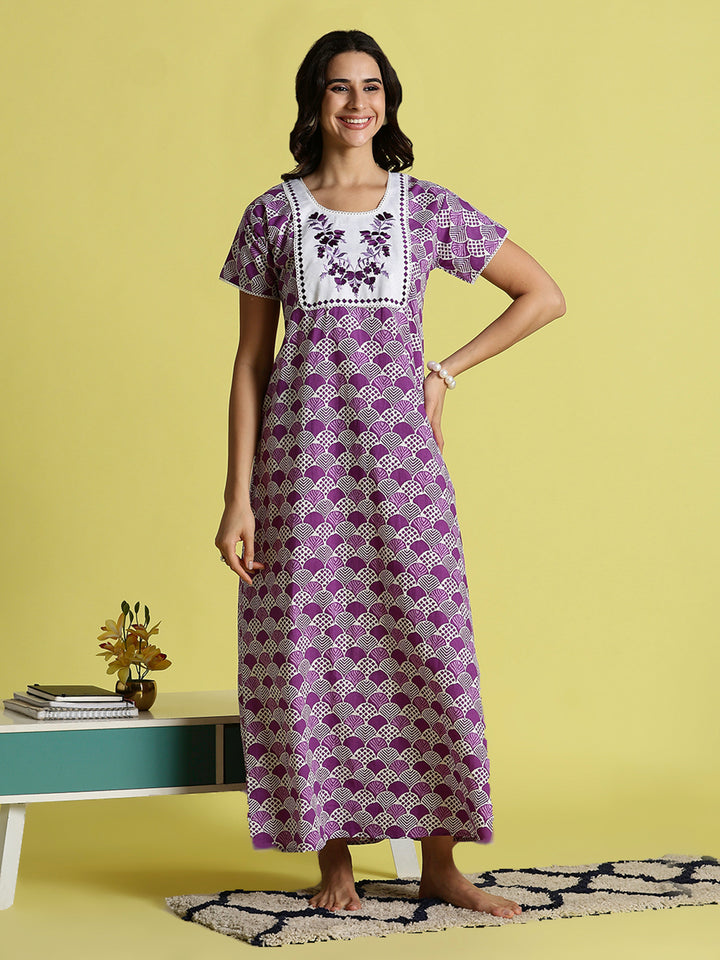 Purple Pure Cotton Night Gowns For Women with Pocket