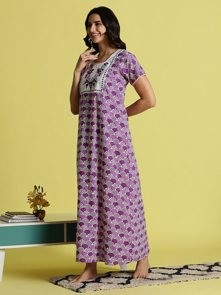Purple Pure Cotton Night Gowns For Women with Pocket
