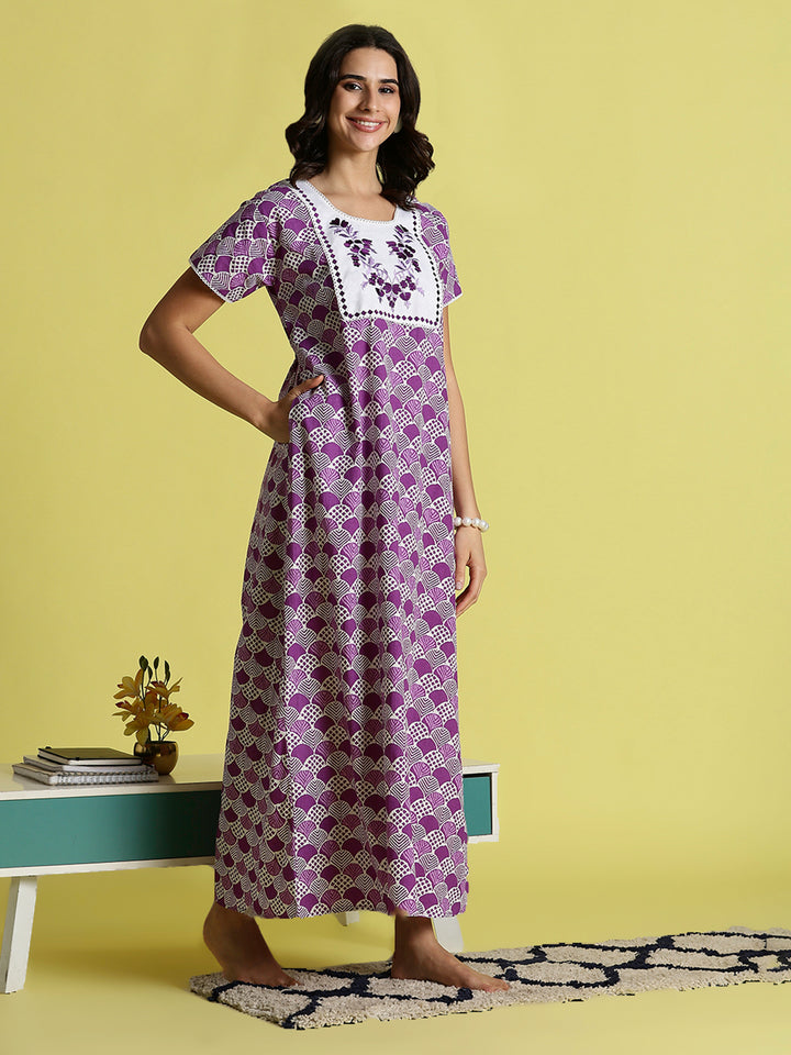 Purple Pure Cotton Night Gowns For Women with Pocket