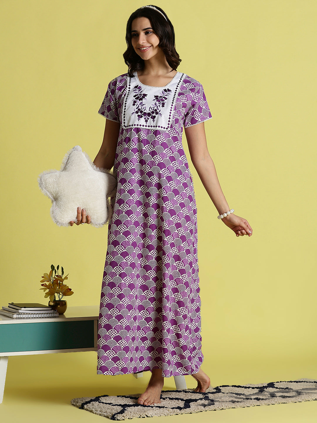 Purple Pure Cotton Night Gowns For Women with Pocket
