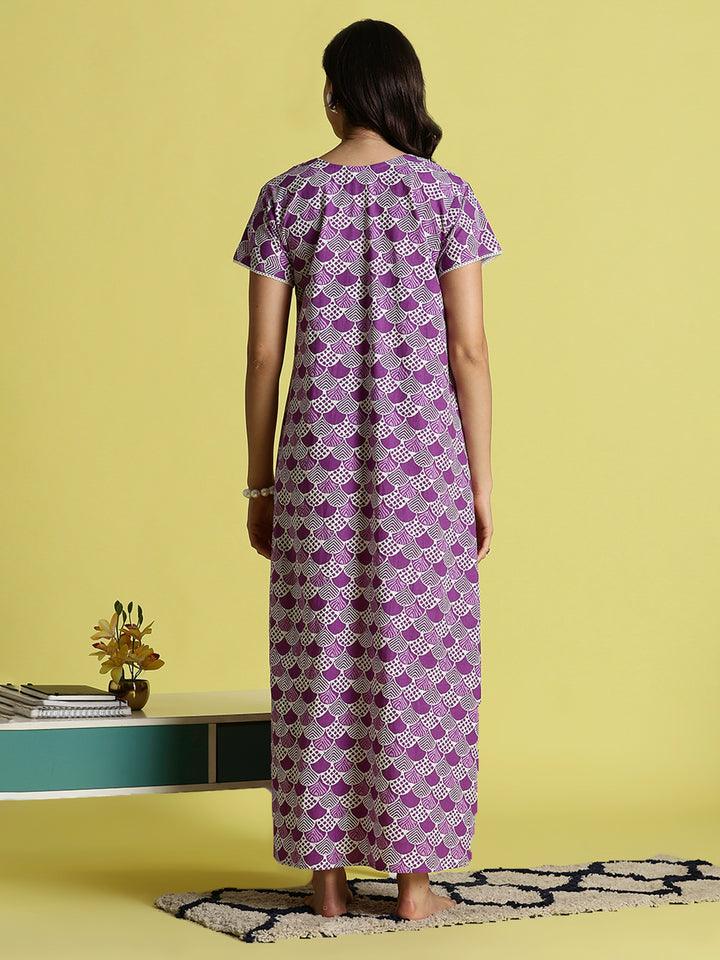 Purple Pure Cotton Night Gowns For Women with Pocket