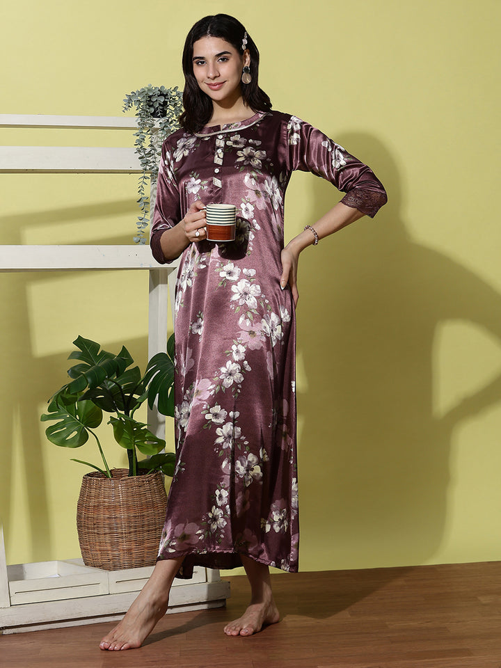 Purple Satin Nightgown for Women with Lace Sleeves