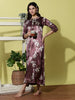 Plum Smoke Floral Satin Nightgown for Women with Lace Sleeves and Sheen Finish