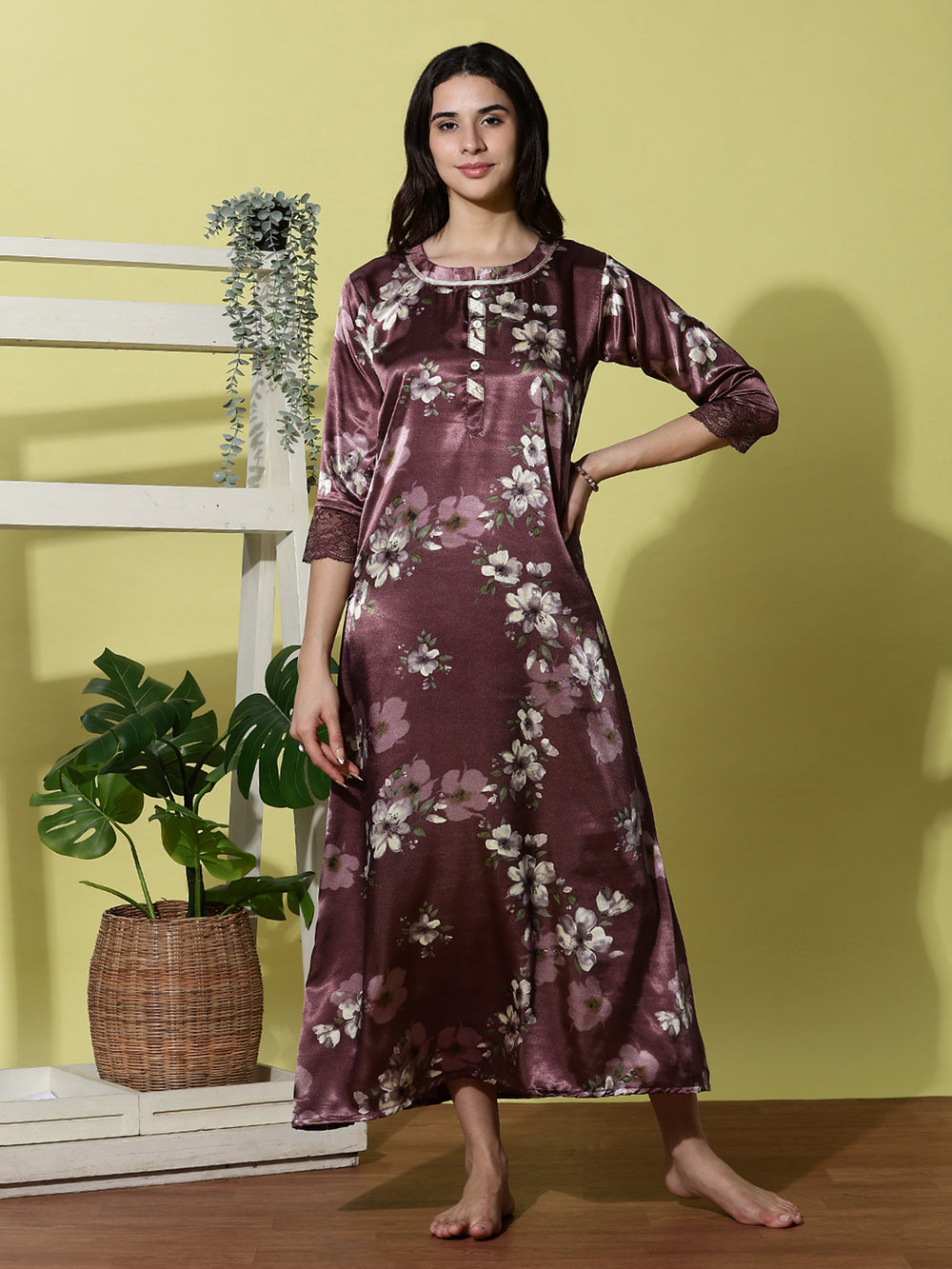 Purple Satin Nightgown for Women with Lace Sleeves
