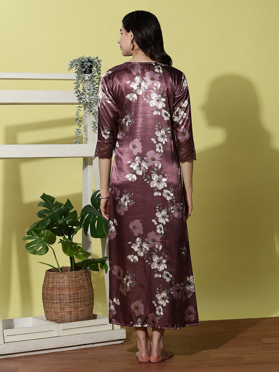 Purple Satin Nightgown for Women with Lace Sleeves