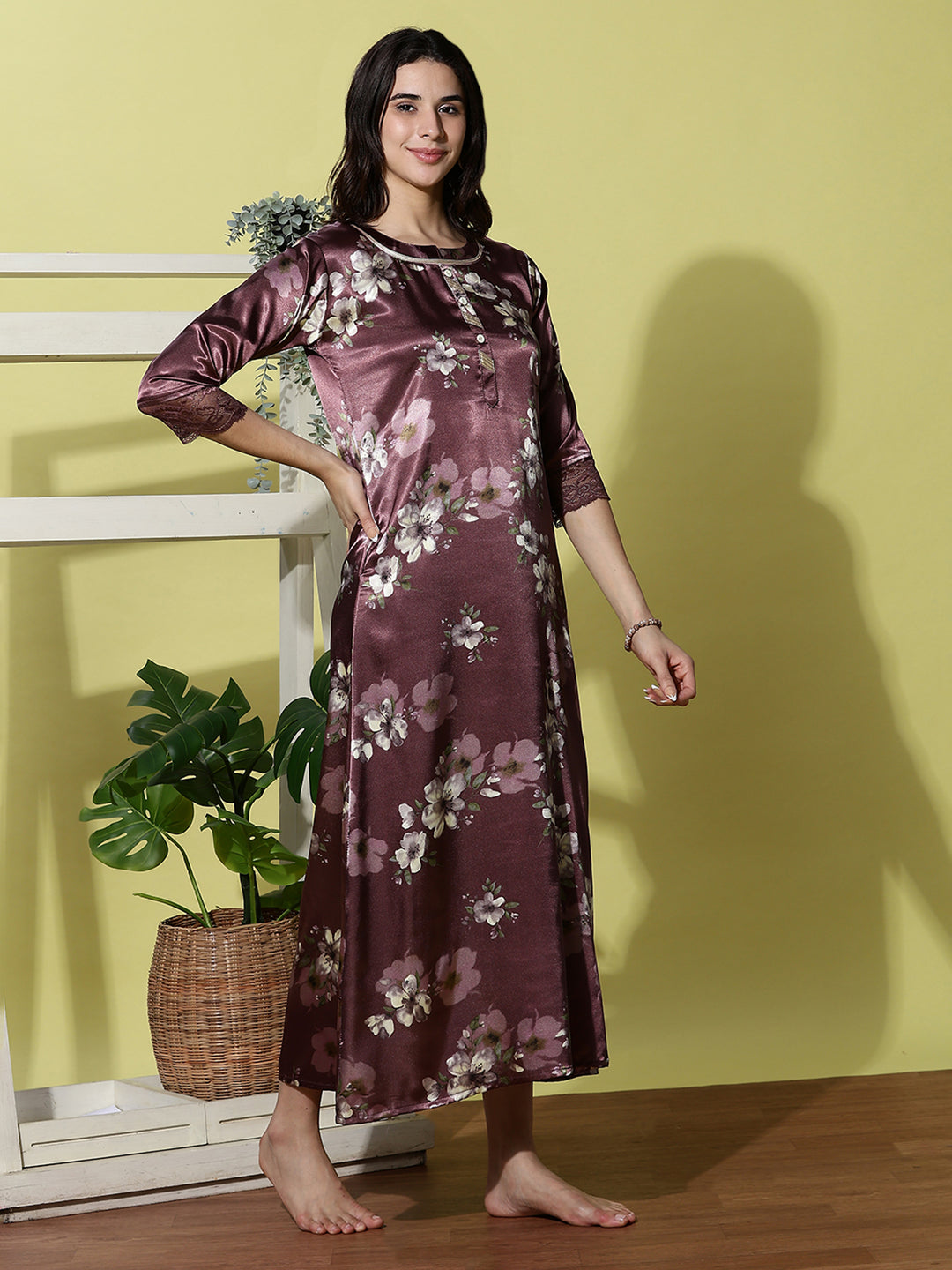 Purple Satin Nightgown for Women with Lace Sleeves