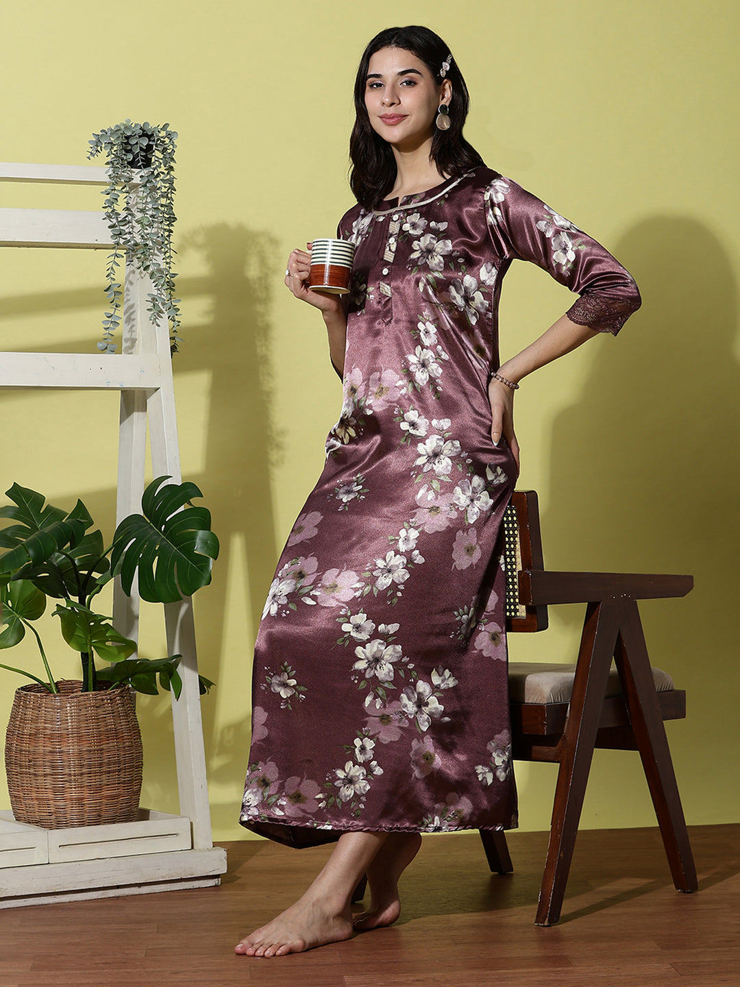 Purple Satin Nightgown for Women with Lace Sleeves