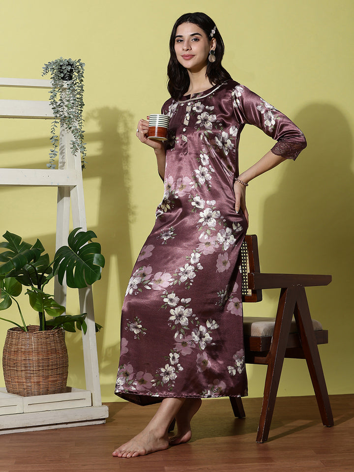 Purple Satin Nightgown for Women with Lace Sleeves