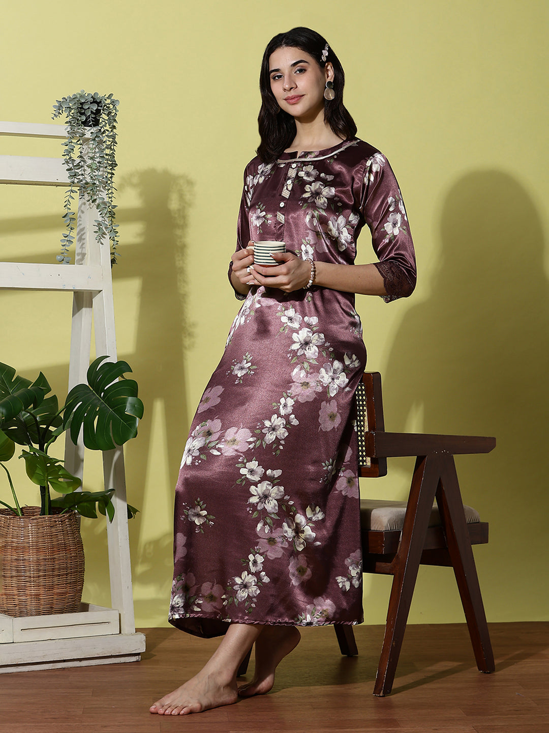 Purple Satin Nightgown for Women with Lace Sleeves
