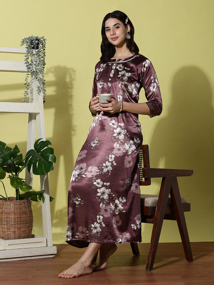 Purple Satin Nightgown for Women with Lace Sleeves