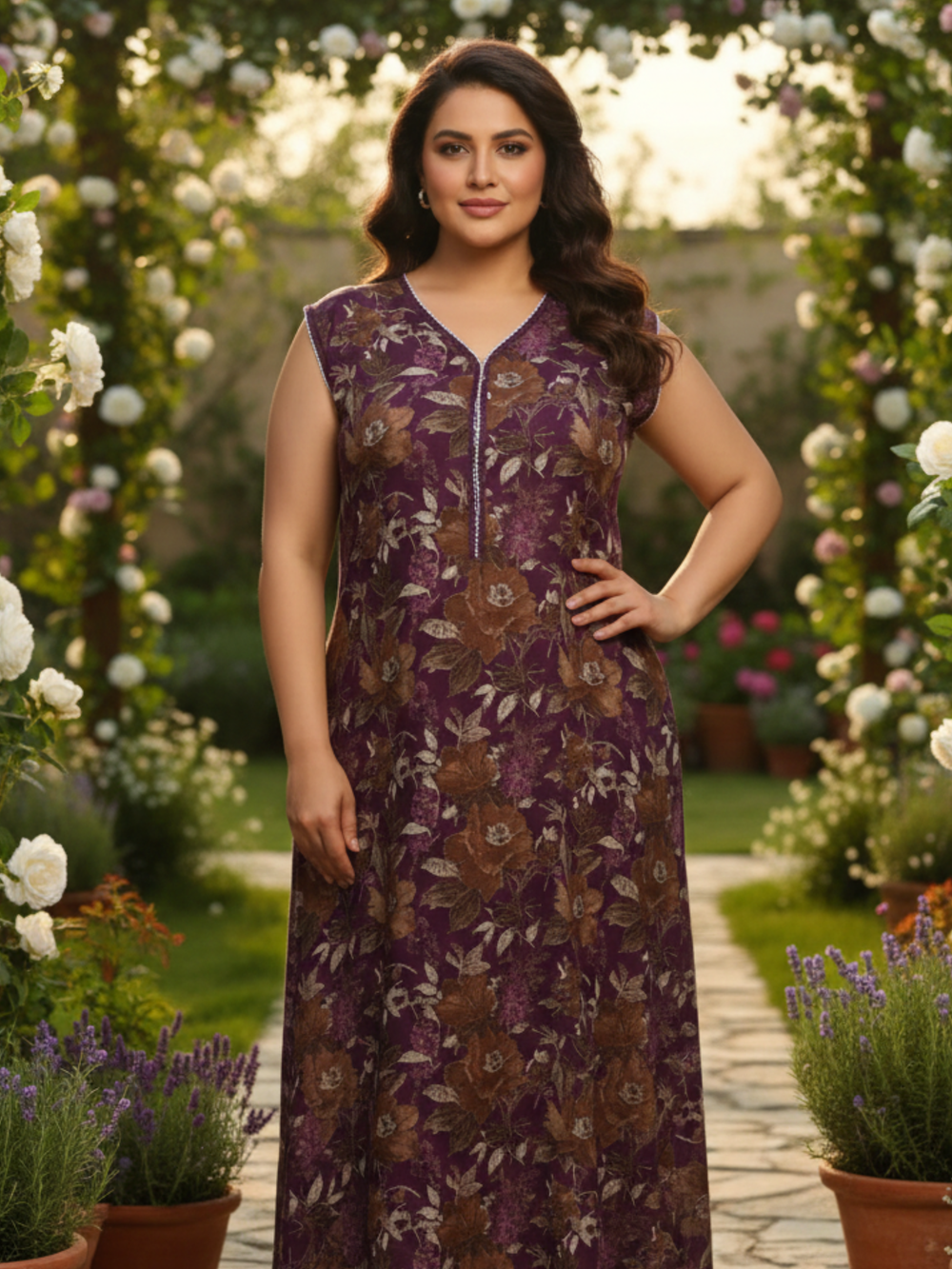 Purple Floral Sleeveless Night Dress For Women