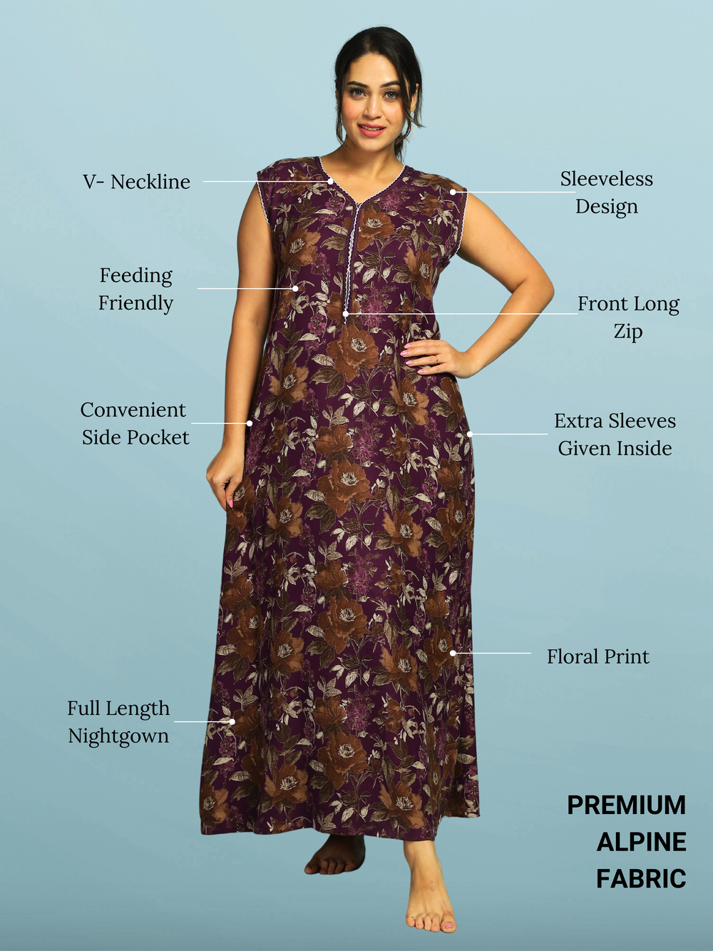 Purple Floral Sleeveless Night Dress For Women