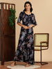 Rayon Black Floral Nighty Dress with Relaxed Silhouette and Pocket