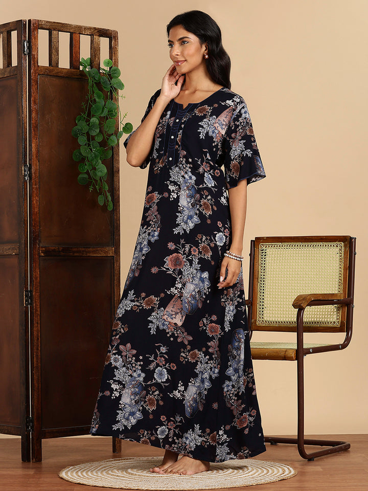 Rayon Black Floral Nighty For Women with Pocket