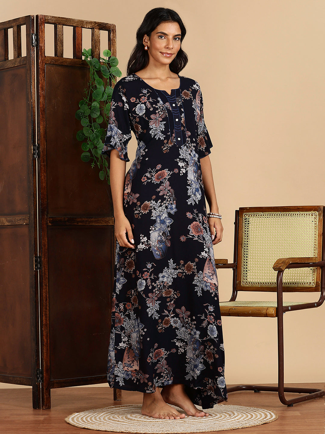 Rayon Black Floral Nighty For Women with Pocket