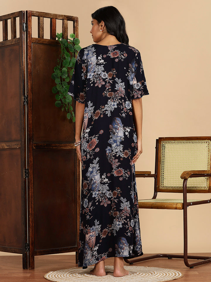 Rayon Black Floral Nighty For Women with Pocket