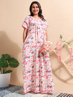 Cotton Chikankari Red Floral Nighty with Lace and Pocket