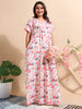 Cotton Chikankari Red Floral Nighty with Lace and Pocket