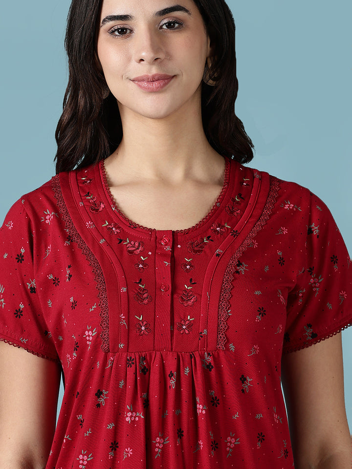 Deep Red Premium Cotton Blend Night dress for Women