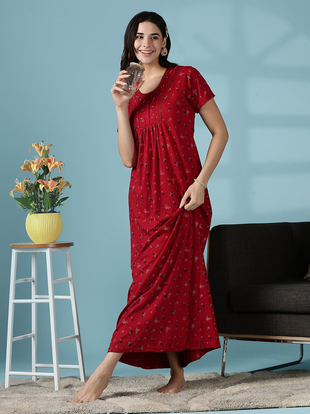 Deep Red Premium Cotton Blend Night dress for Women