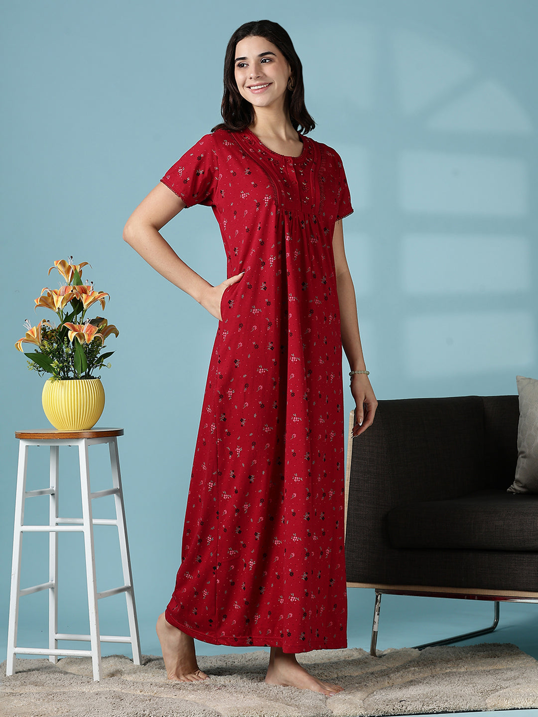 Deep Red Premium Cotton Blend Night dress for Women