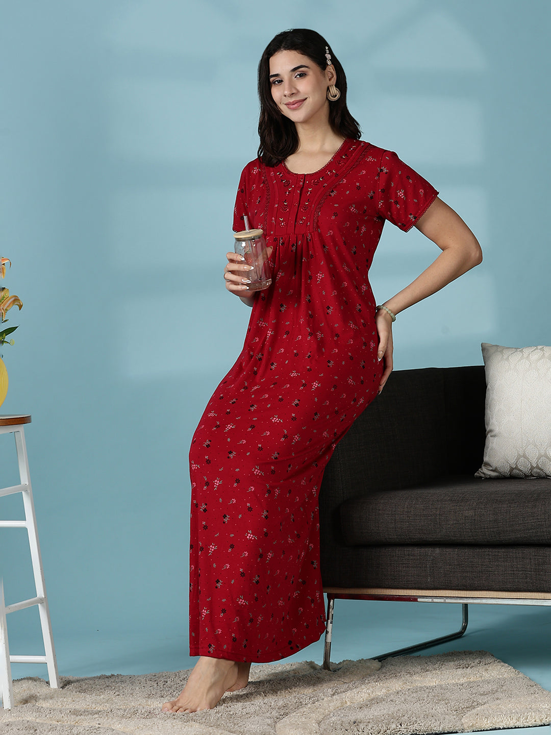 Deep Red Premium Cotton Blend Night dress for Women