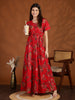 Frock Type Red Floral Nighty for Women with Drawstring Waist