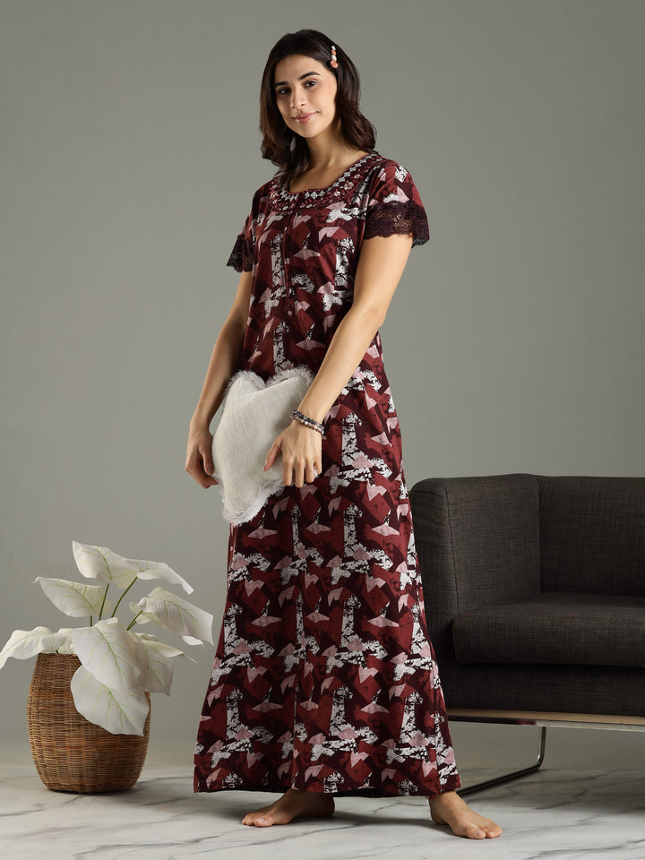 Abstract Red Front Zip Branded Nighty Dress for Women