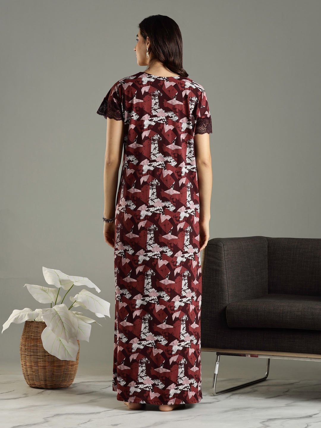 Abstract Red Front Zip Branded Nighty Dress for Women