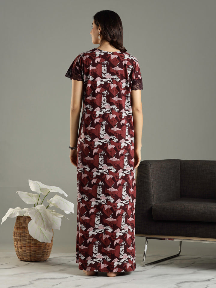 Abstract Red Front Zip Branded Nighty Dress for Women