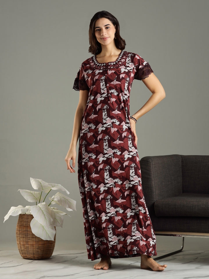 Abstract Red Front Zip Branded Nighty Dress for Women