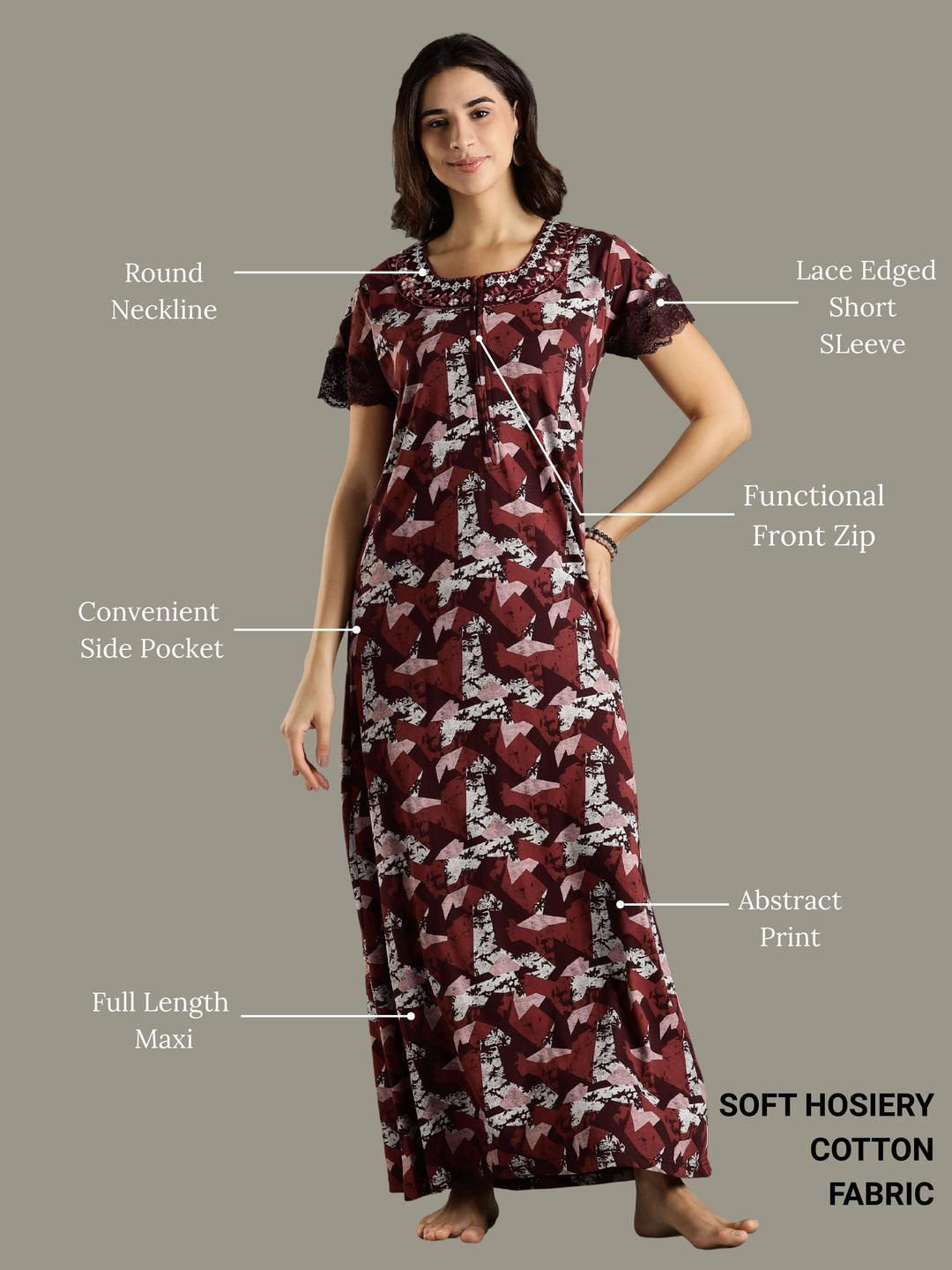 Abstract Red Front Zip Branded Nighty Dress for Women