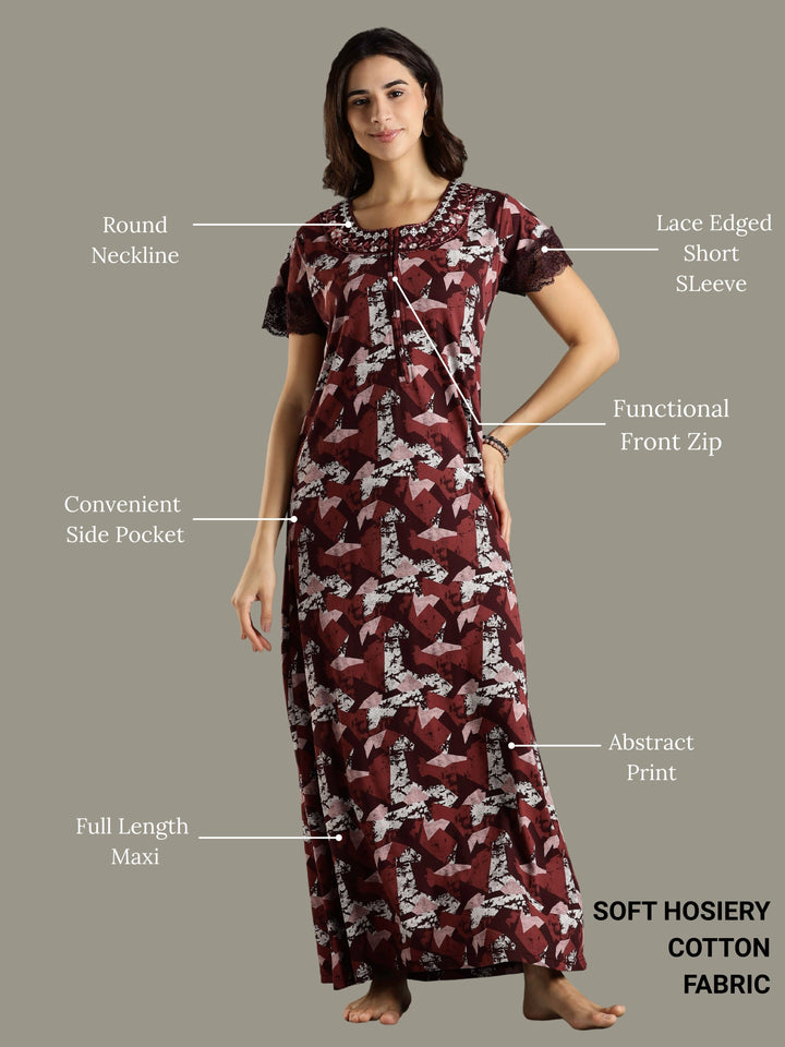 Abstract Red Front Zip Branded Nighty Dress for Women