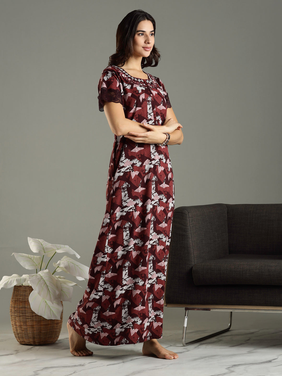 Abstract Red Front Zip Branded Nighty Dress for Women