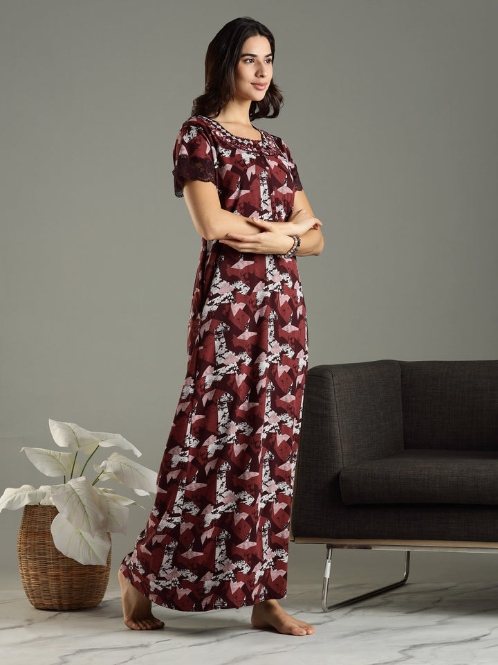 Abstract Red Front Zip Branded Nighty Dress for Women