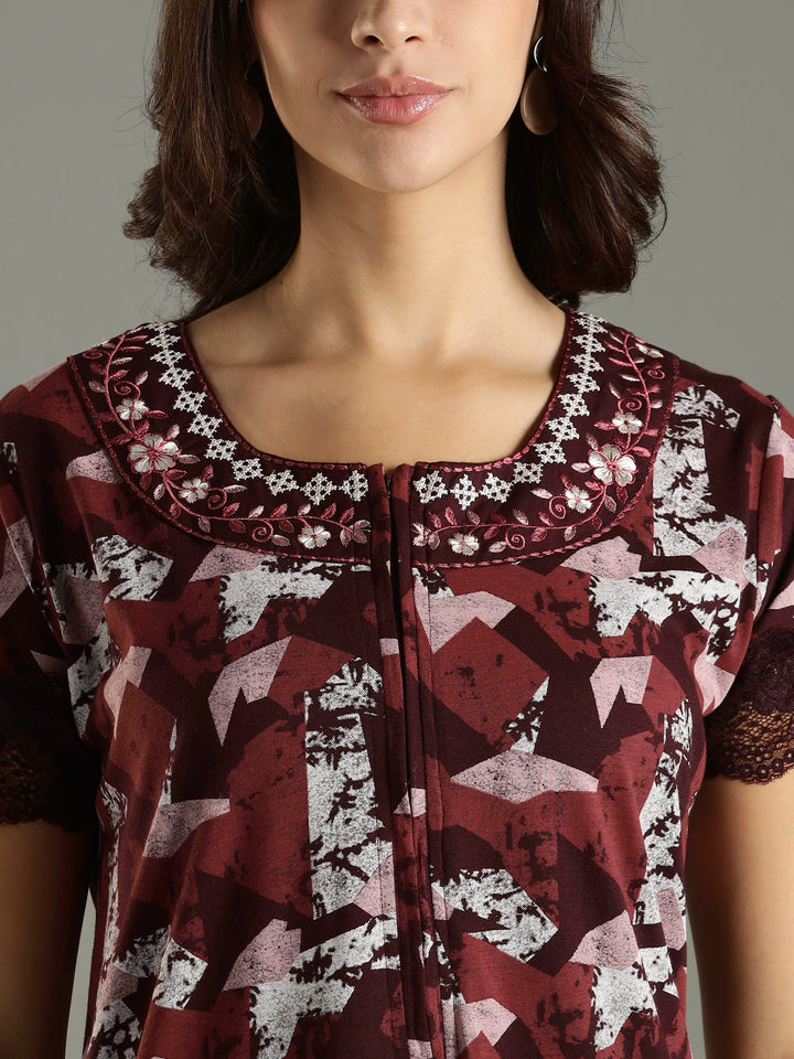 Abstract Red Front Zip Branded Nighty Dress for Women