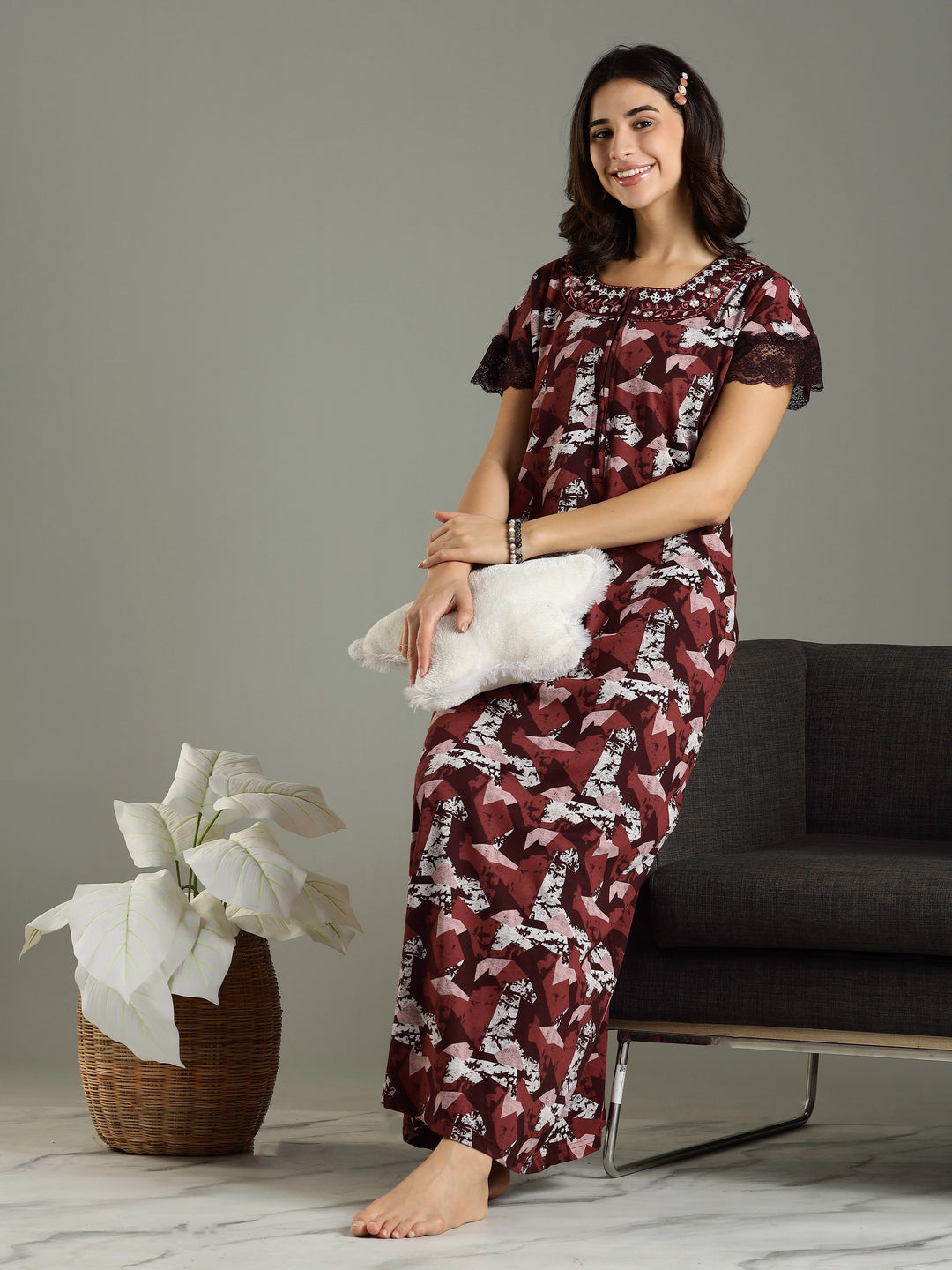 Abstract Red Front Zip Branded Nighty Dress for Women