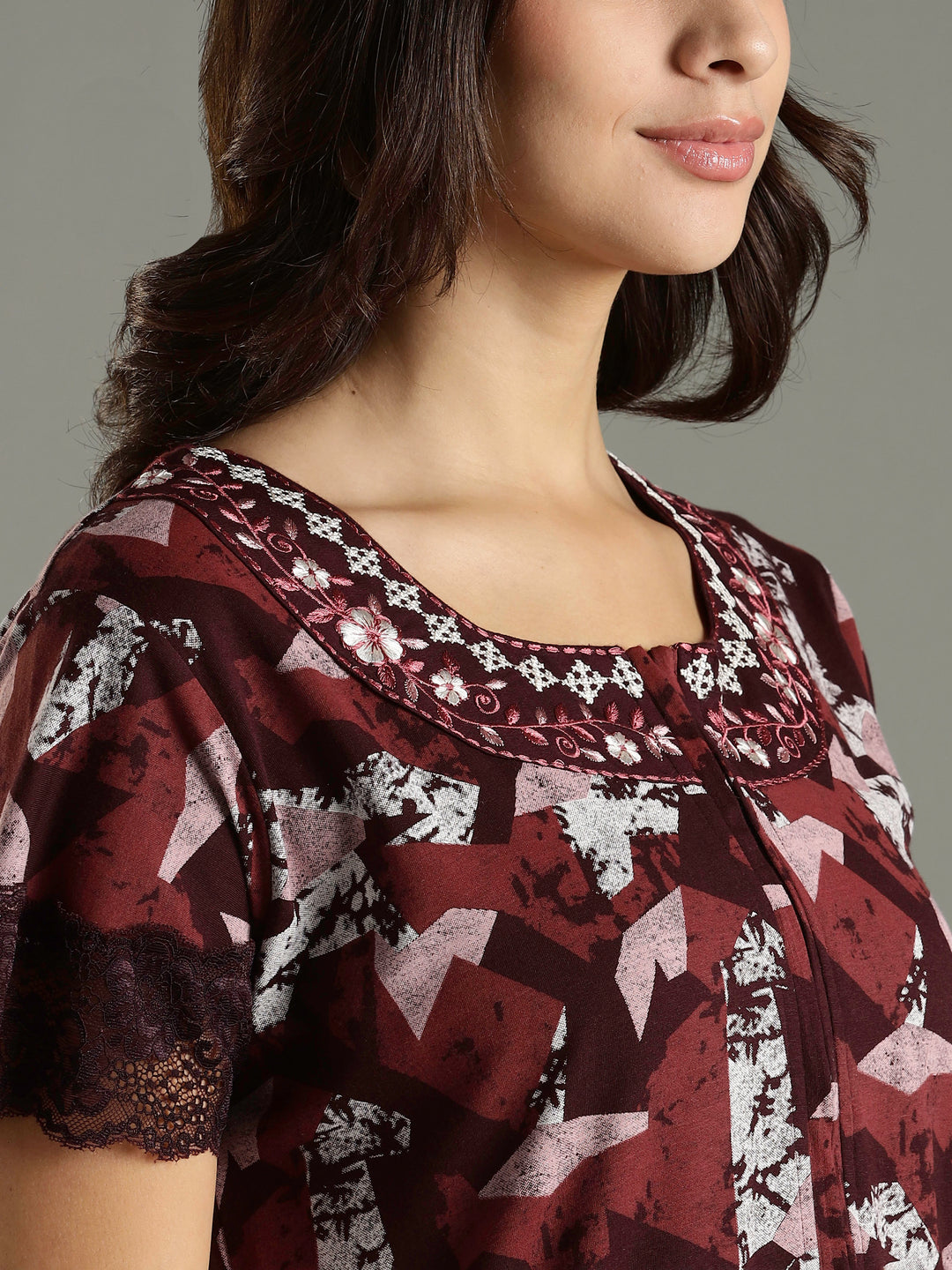 Abstract Red Front Zip Branded Nighty Dress for Women