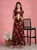 Red Floral Nighty for Women with Side Pocket and Zip
